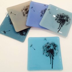 Set of 4 Handmade Glass Dandelion Seedhead Coasters, Screen Printed