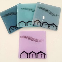 Colourful Screen-Printed Glass Beach Hut Coasters, Set of 4