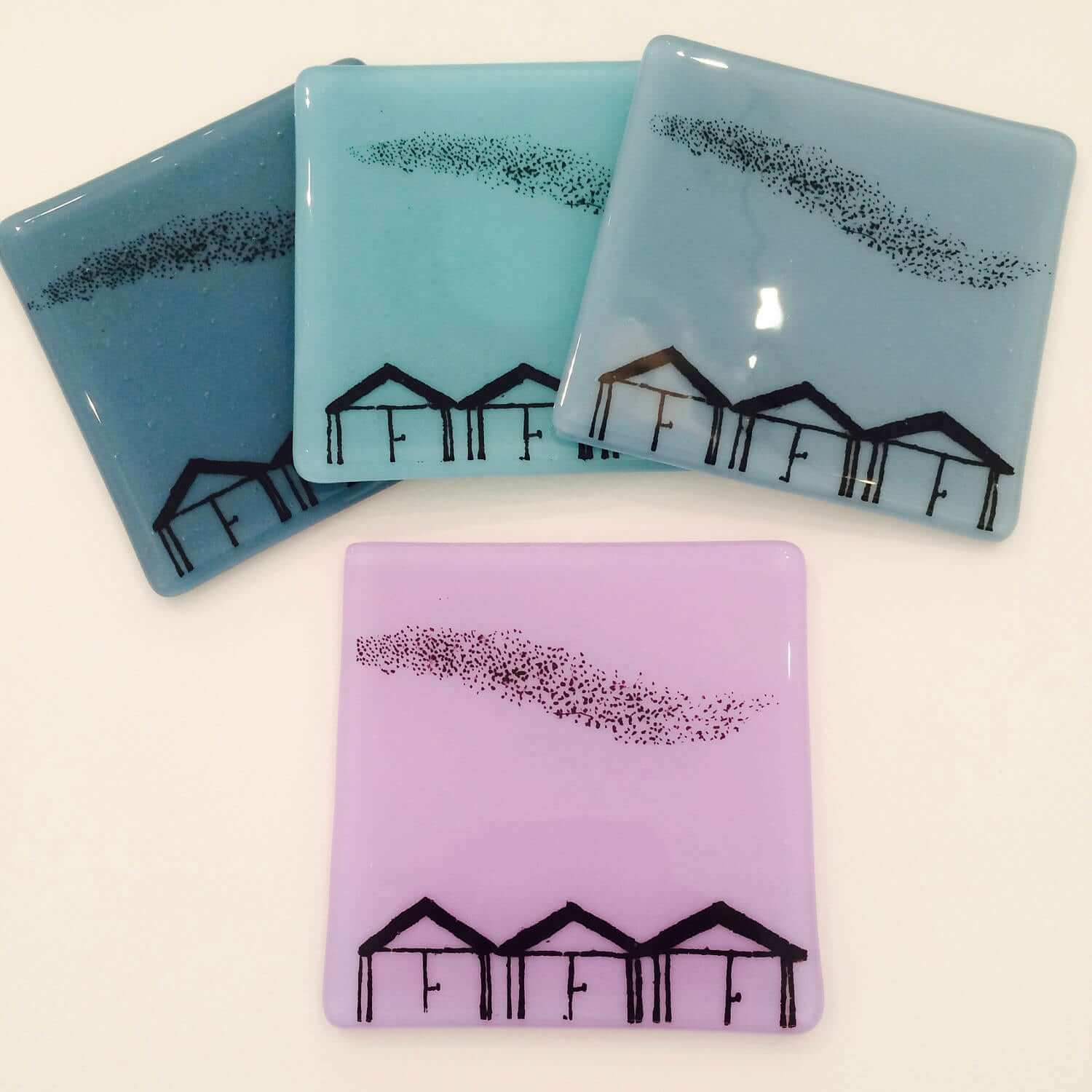 Colourful Screen-Printed Glass Beach Hut Coasters, Set of 4