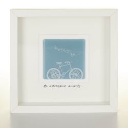 An adventure awaits, screen-printed fused glass bicycle picture