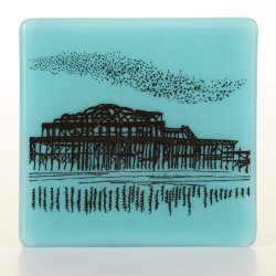 Handmade Brighton West Pier Glass Coaster, Seaside Murmuration Drink Holder
