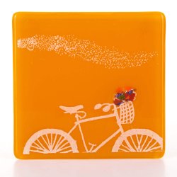 Bike, Birds and Basket of Flowers Fused Glass Coaster